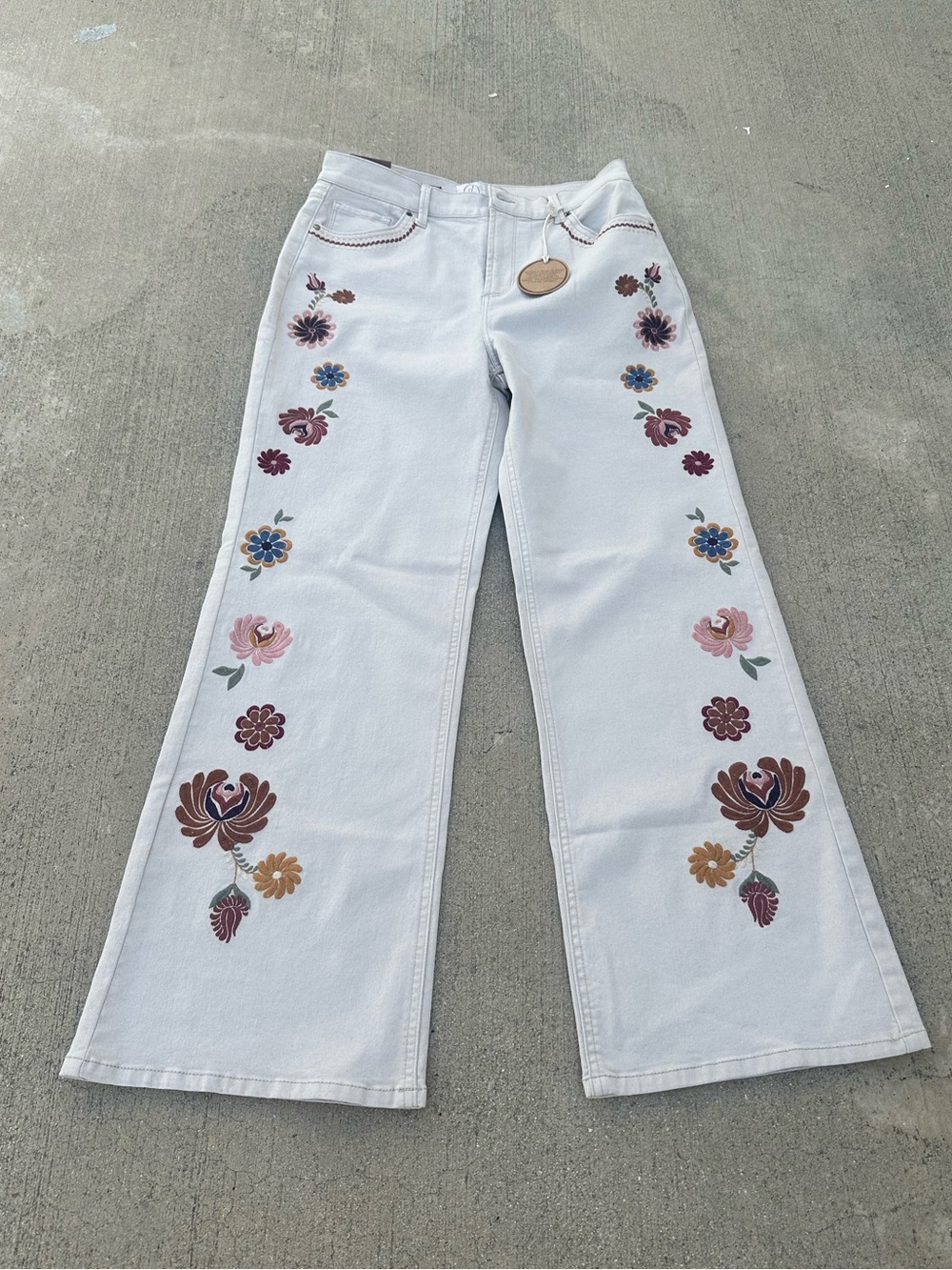 Driftwood Carlie Women’s Embroidered Boho Floral Wide-Leg Jeans NWT ~6